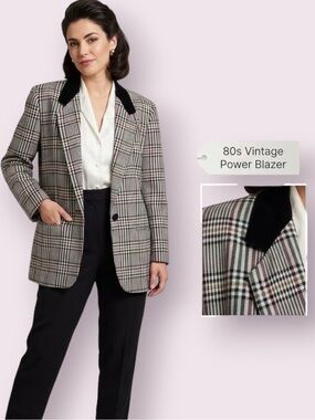 Vintage 80’s Blazer Glen Plaid Velvet Collar Shoulder Pads White Black Size 12
